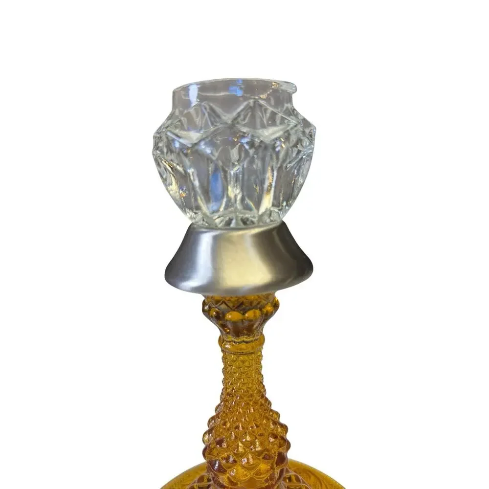Vintage Amber‎ Pressed Glass Candlestick Holder Floral Base Glass Prism Top